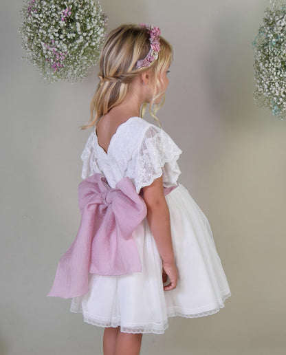 Vestido Infantil Blanco Con Tul de Color