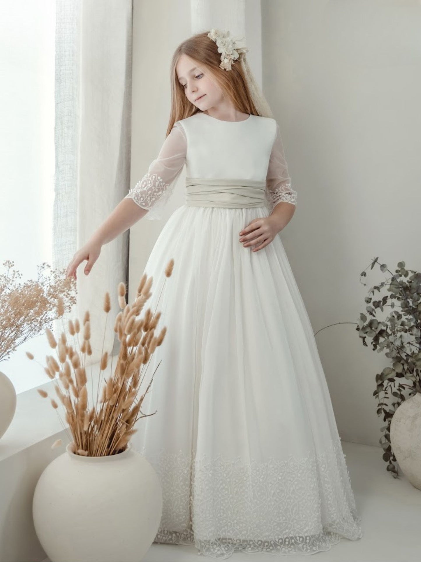 Vestido Comunión Crudo Tul Bordado