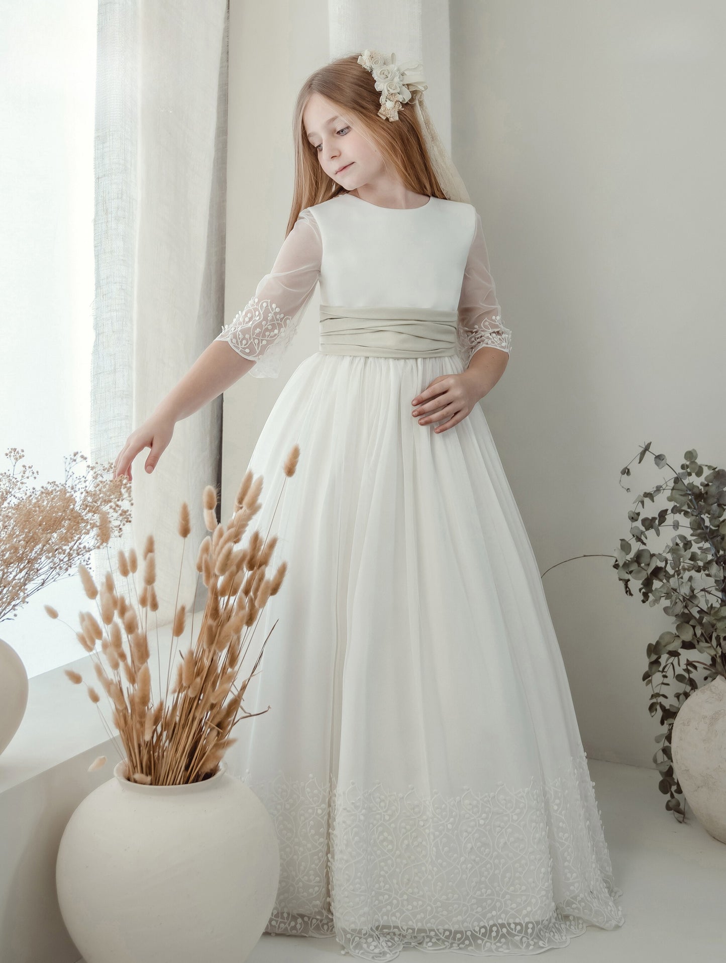 Vestido Comunión Crudo Tul Bordado