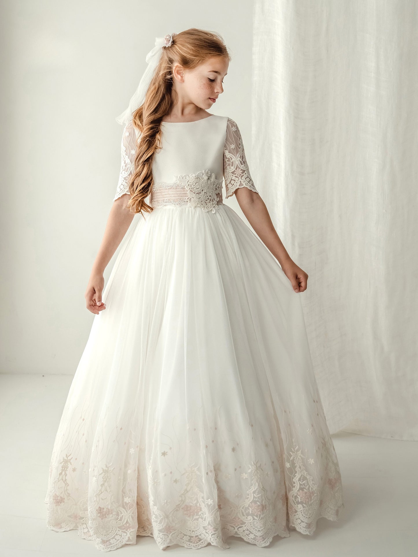 Vestido Comunión Beige2 Tul Bordado