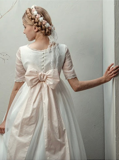 Vestido Comunión Crudo Tul Bordado