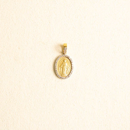 Medalla Oval Virgen Milagrosa Oro 14k con Diamantes Chica