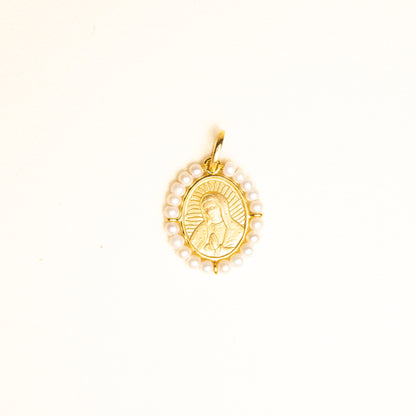 Medalla Virgen Gpe Oval Italiana Oro Mate 14k y Perlas Gde