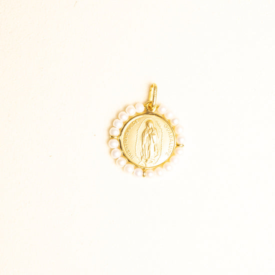 Medalla Virgen Gpe Rd Italiana Oro Mate 14k y Perlas Gde