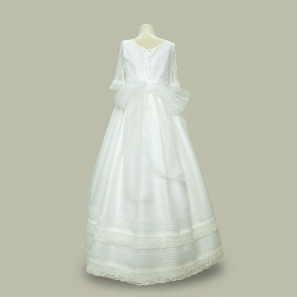 Vestido Comunión Especial Beige Gasa Todo a Tono Sin Rosa