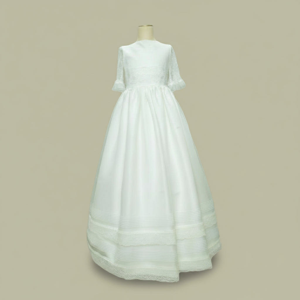 Vestido Comunión Especial Beige Gasa Todo a Tono Sin Rosa