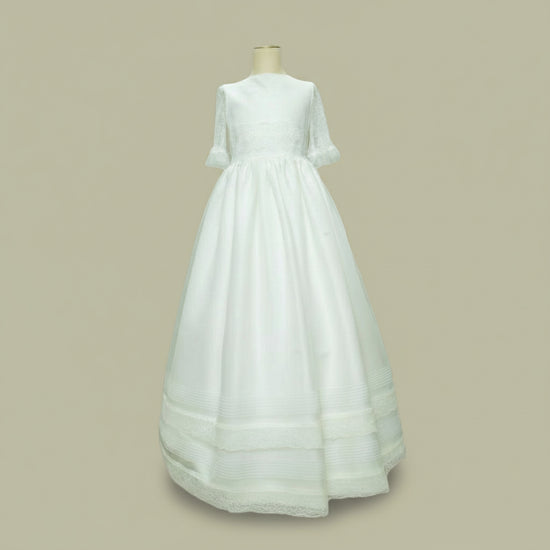 Vestido Comunión Especial Beige Gasa Todo a Tono Sin Rosa