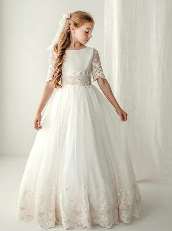 Vestido Comunión Beige2 Tul Bordado