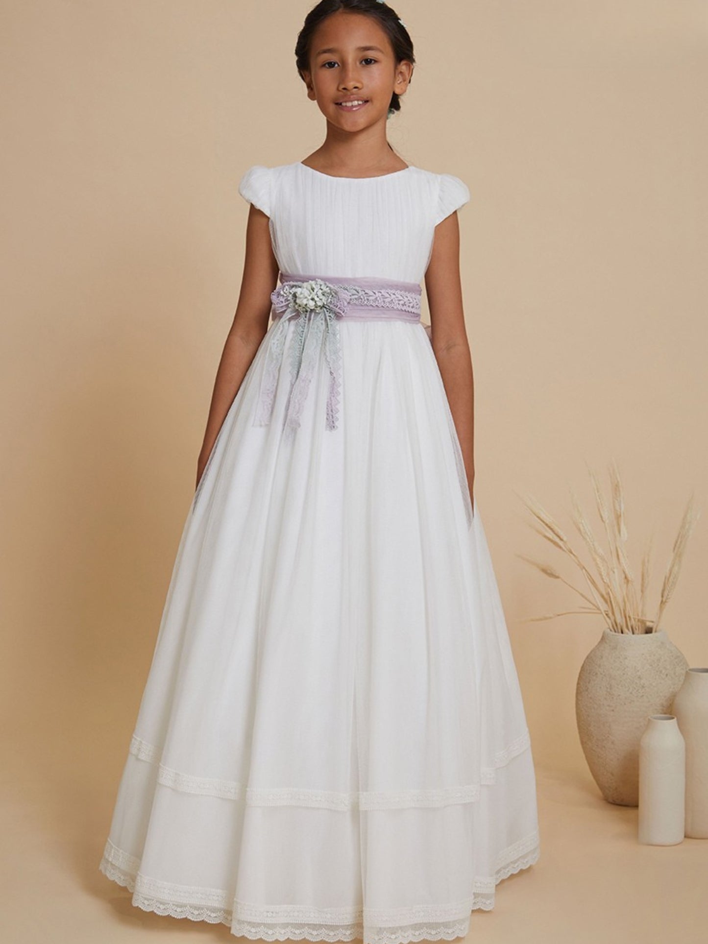 Vestido Comunión Manga Corta Y Lazo
