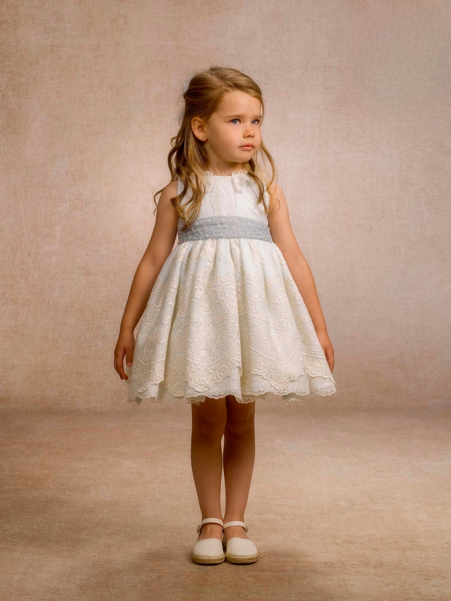 Vestido Ceremonia Infantil Tul Y Organza Beige/Verde